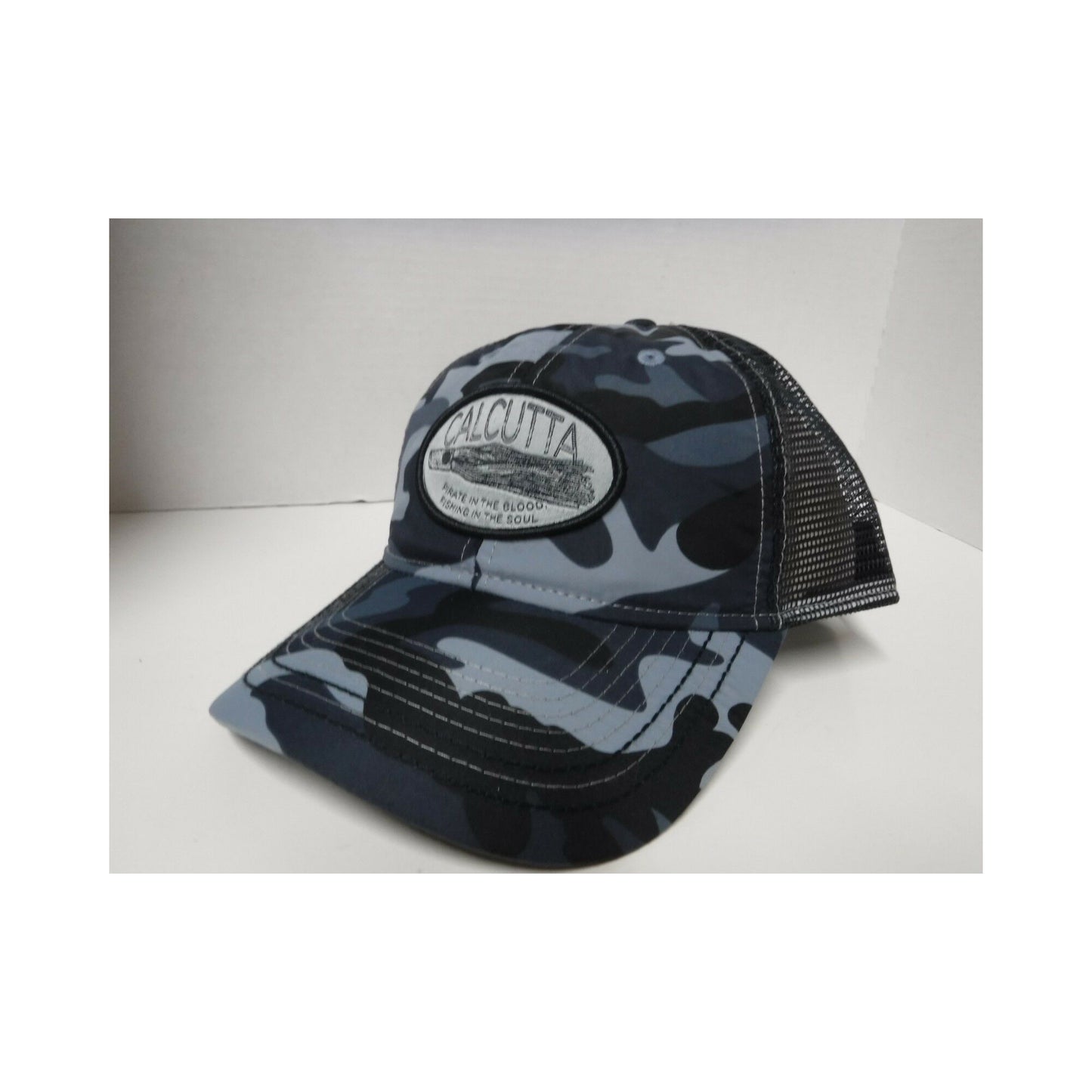 New Authentic Calcutta Hat Blue Camo with Lure Patch/ Black Mesh