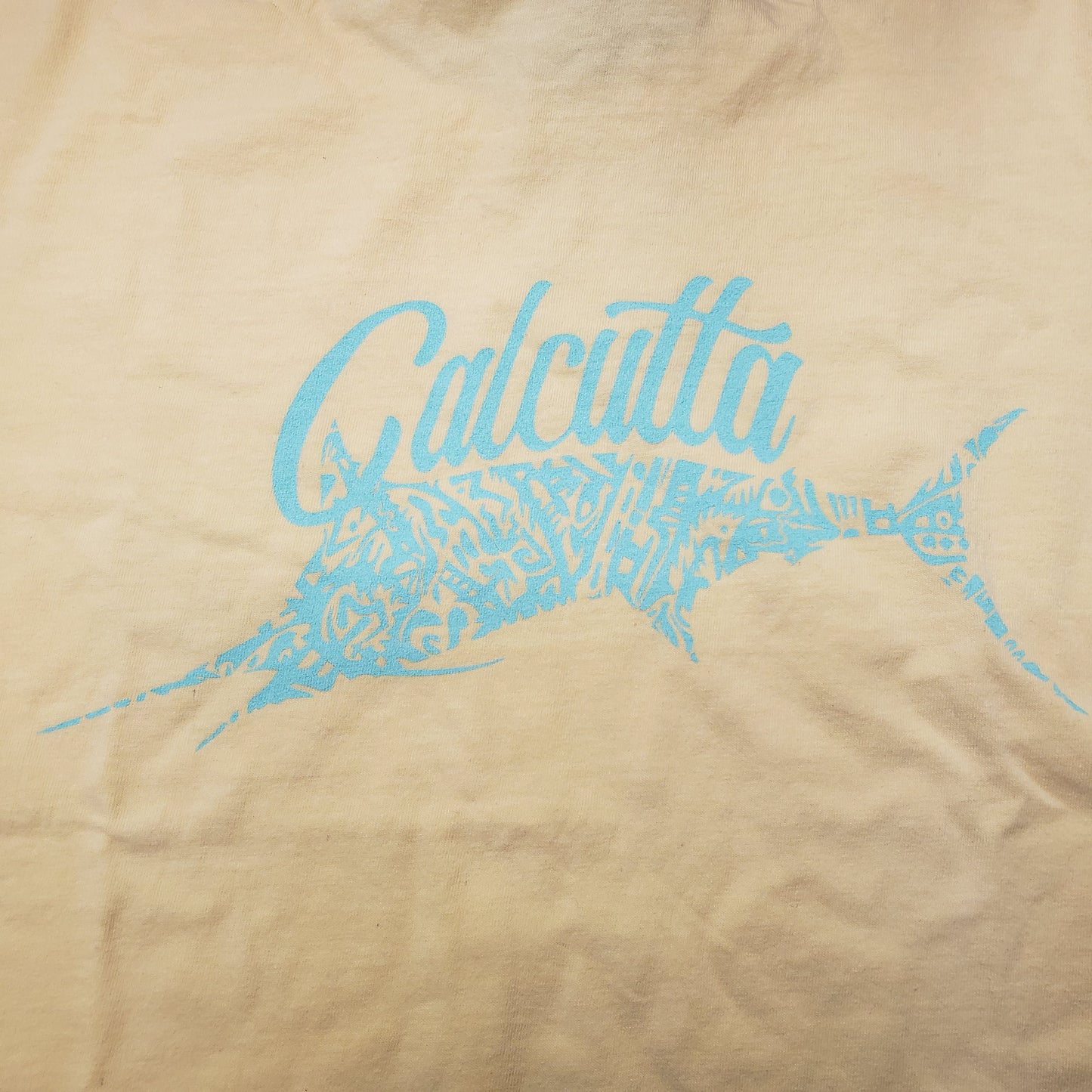 New Authentic Calcutta Ladies Short Sleeve Shirt Butter/ Front Coastal Blue Original Logo & Back Marlin Small
