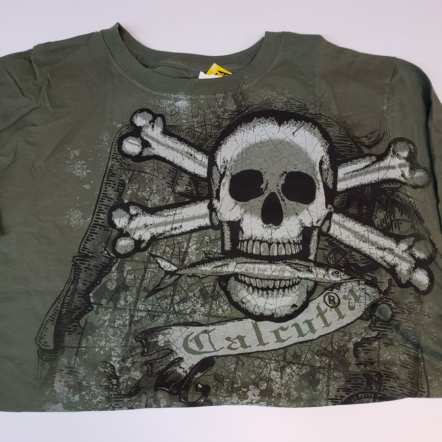 New Authentic Calcutta Short Sleeve Shirt  Moss (Green)/ Front Kickback Skull