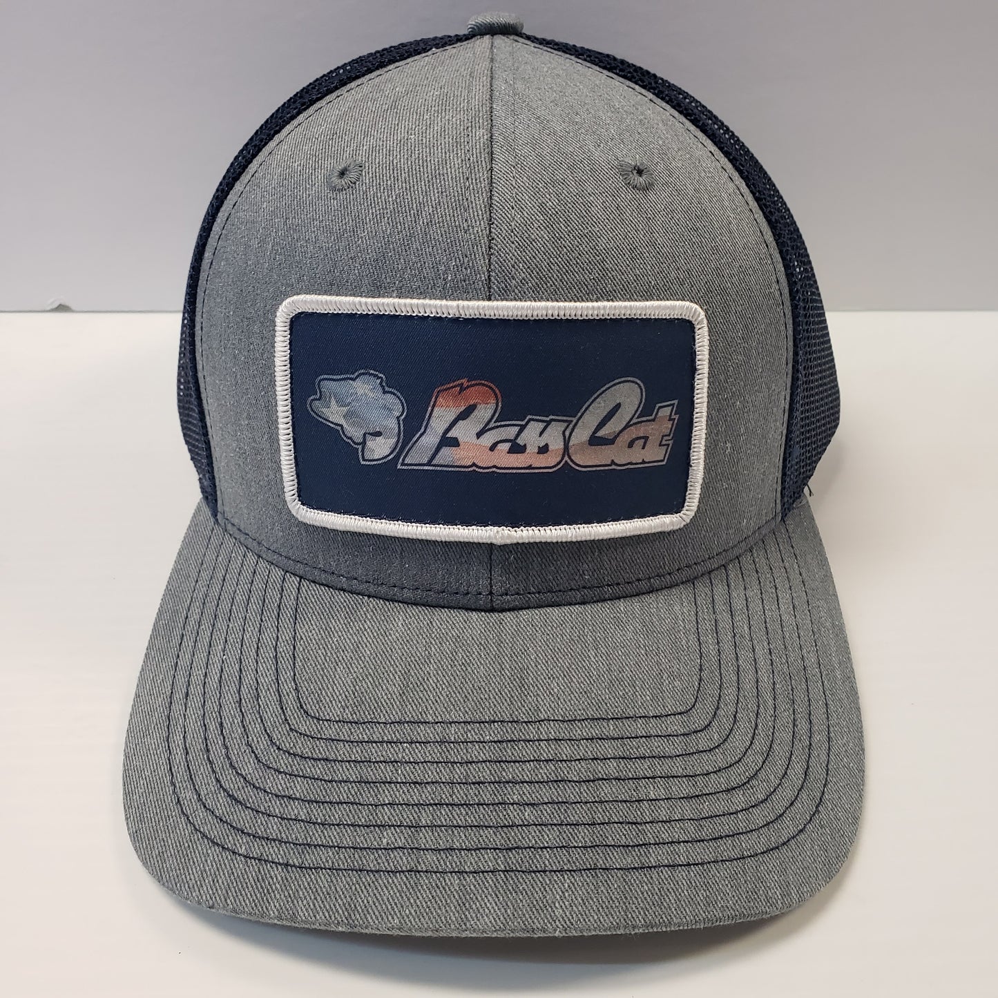 Bass Cat Mesh Flag Patch Hat-Gray/Navy Mesh/Flag Pattern  Logo