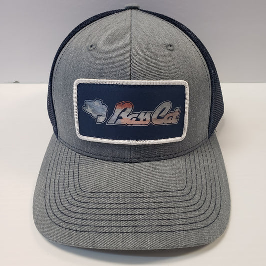 Bass Cat Mesh Flag Patch Hat-Gray/Navy Mesh/Flag Pattern  Logo