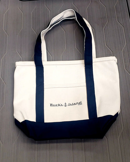 Buck's Island Cotton/Canvas Hand Bag- Khaki/Navy Blue-- 12"x 14"