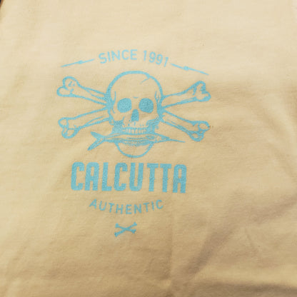 New Authentic Calcutta Ladies Short Sleeve Shirt  Butter/ Front Coastal Blue Original Logo & Back Marlin Small