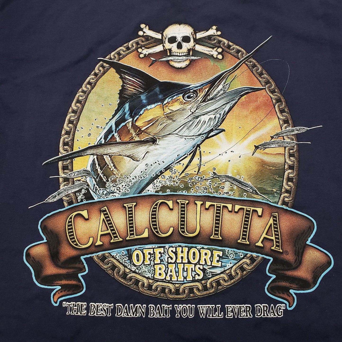 New Authentic Calcutta S/S Shirt-Navy/ Old School Marlin-Chain -Large