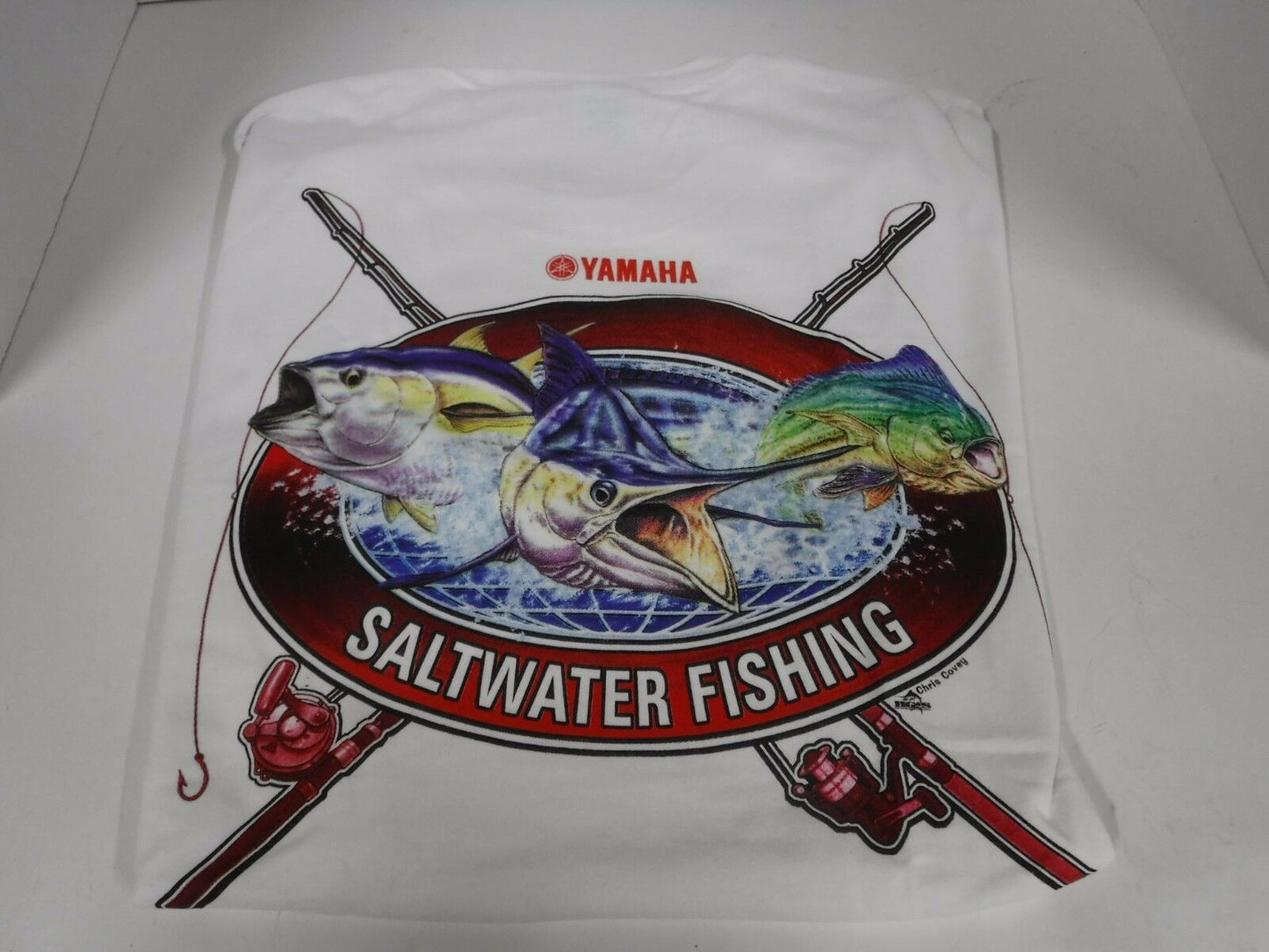 New Yamaha Short Sleeve T-shirt w/ Front Pocket w/ Yamaha Logo White Salt Water Fish Large
