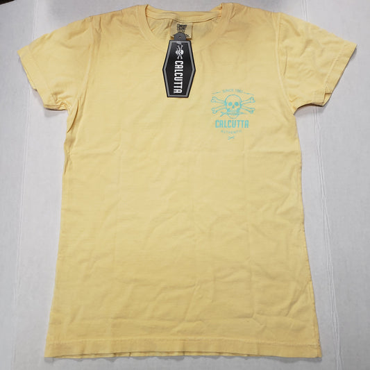 New Authentic Calcutta Ladies Short Sleeve Shirt  Butter/ Front Coastal Blue Original Logo & Back Marlin Small