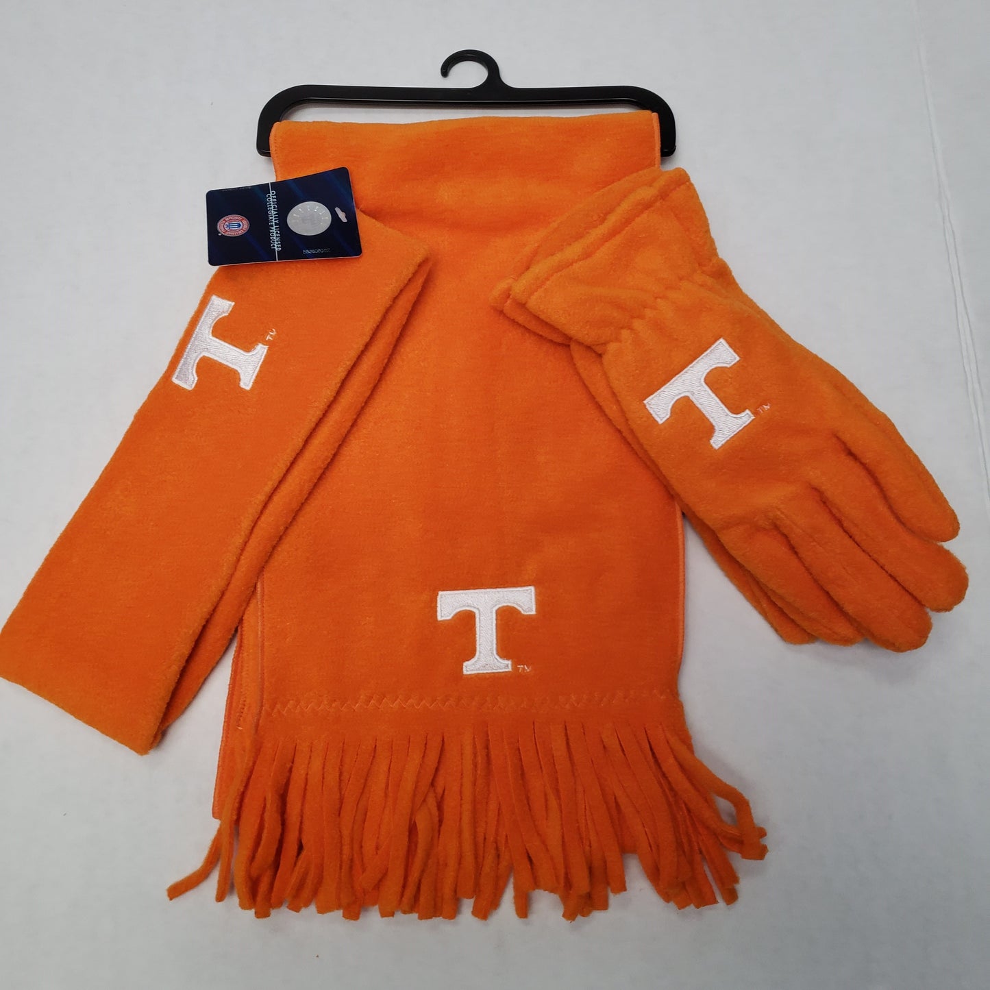 Ladies NCAA TN Lightweight Fleece Combo- Scarf, Gloves, Ear Warmer Orange/ White Letter T