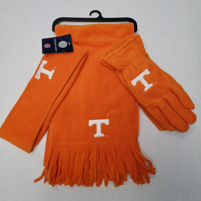 Ladies NCAA TN Lightweight Fleece Combo- Scarf, Gloves, Ear Warmer Orange/ White Letter T