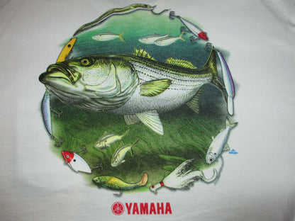 New Yamaha Short Sleeve T-shirt w/ Front Pocket w/ Yamaha Logo White with Striper Fish and Lures Large