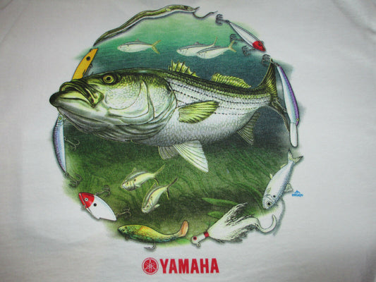 New Yamaha Short Sleeve T-shirt w/ Front Pocket w/ Yamaha Logo White with Striper Fish and Lures Large