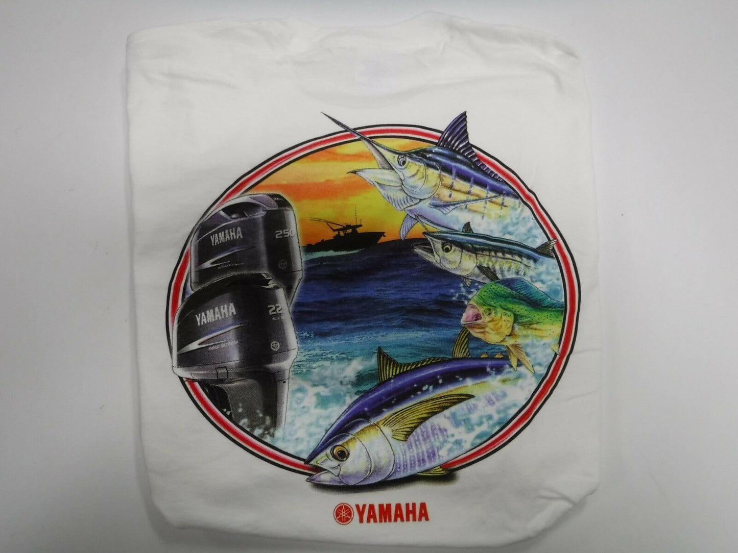 New Yamaha Short Sleeve T-shirt w/ Front Pocket w/ Yamaha Logo White with Motor and Fish Logo Large