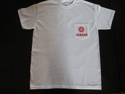 New Yamaha Short Sleeve T-shirt w/ Front Pocket w/ Yamaha Logo White/ Back Boat and Fish Large