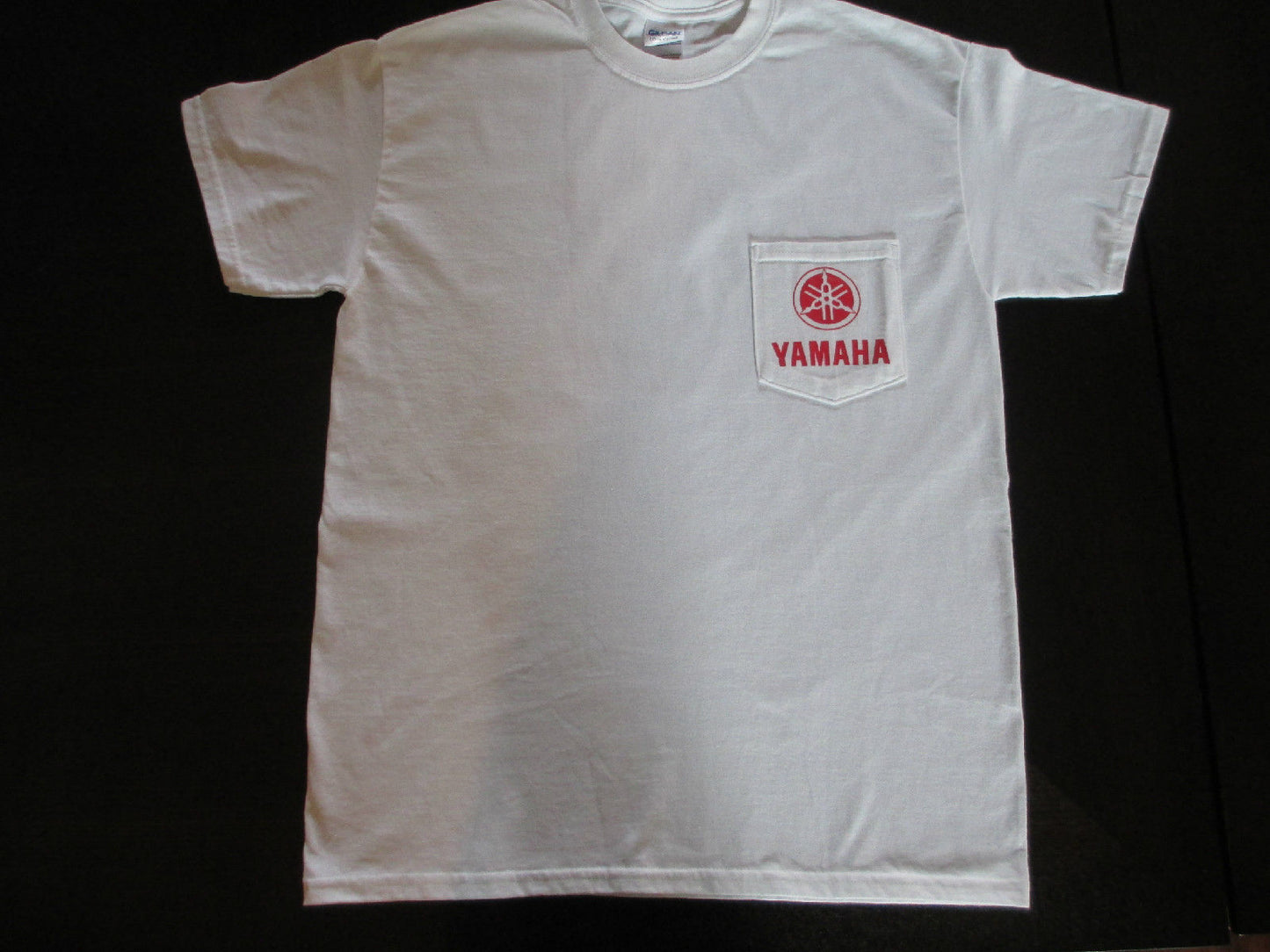 New Yamaha Short Sleeve T-shirt w/ Front Pocket w/ Yamaha Logo White with Striper Fish and Lures Large