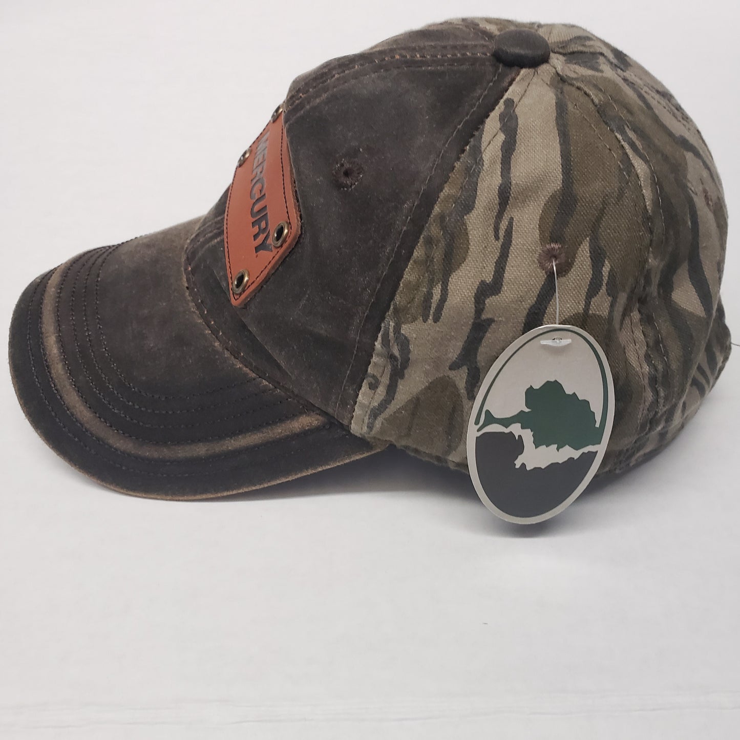 New Authentic Mercury Marine Hat Weathered Brown w/Leather Patch Camo Back
