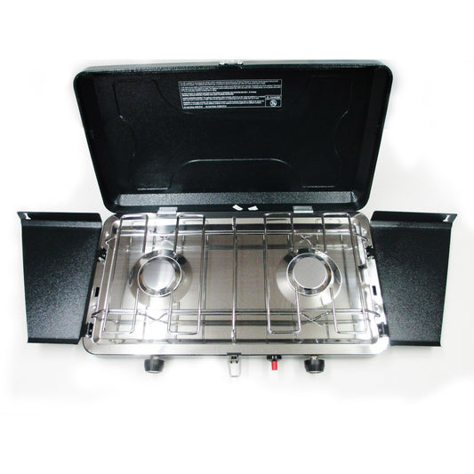 Cabin Creek Two Burner Propane Camp Stove/ Piezo Lighter/ Stainless Steel Drip Pan