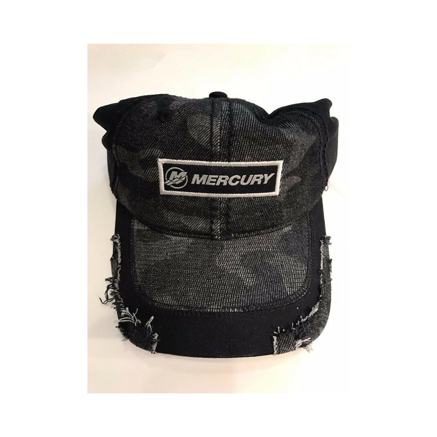 Authentic Mercury Marine Hat Frayed Black and Gray Camo