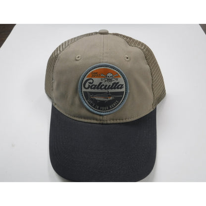 New Authentic Calcutta Hat Khaki/ Navy Blue Bill/ It's in Your Bones Logo/ Khaki Mesh