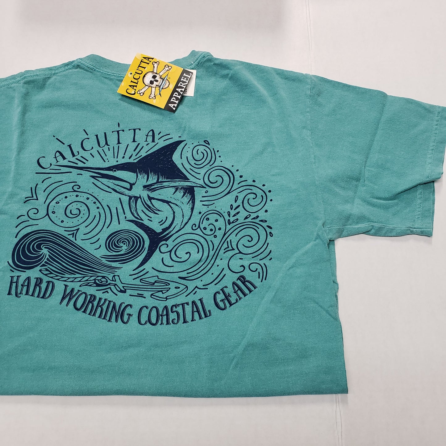 New Authentic Calcutta Short Sleeve Shirt  Sea Foam Green/ Front Calcutta/ Back Marlin Sketch Medium