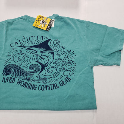 New Authentic Calcutta Short Sleeve Shirt  Sea Foam Green/ Front Calcutta/ Back Marlin Sketch Medium