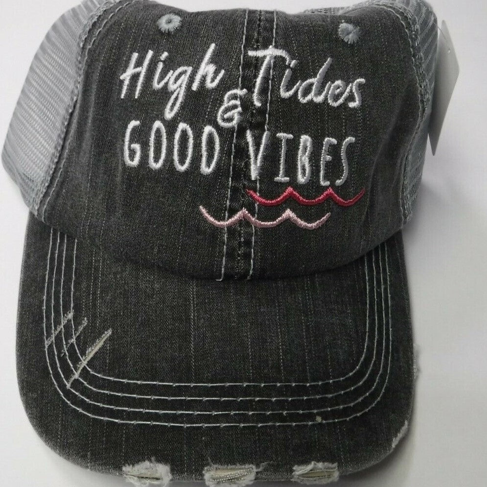Katydid Distressed Hat/ Adjustable Mesh Back/ High Tides Good Vibes Charcoal/ Gray/ Hot Pink