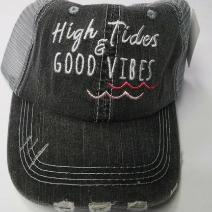 Katydid Distressed Hat/ Adjustable Mesh Back/ High Tides Good Vibes Charcoal/ Gray/ Hot Pink