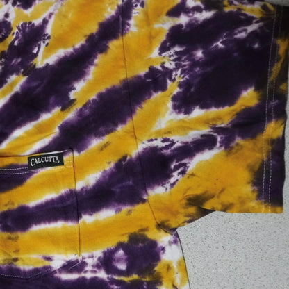 New Authentic Calcutta Short Sleeve Shirt  Purple & Yellow Tie Dye/ Front Pocket/ Back Gold Logo Large