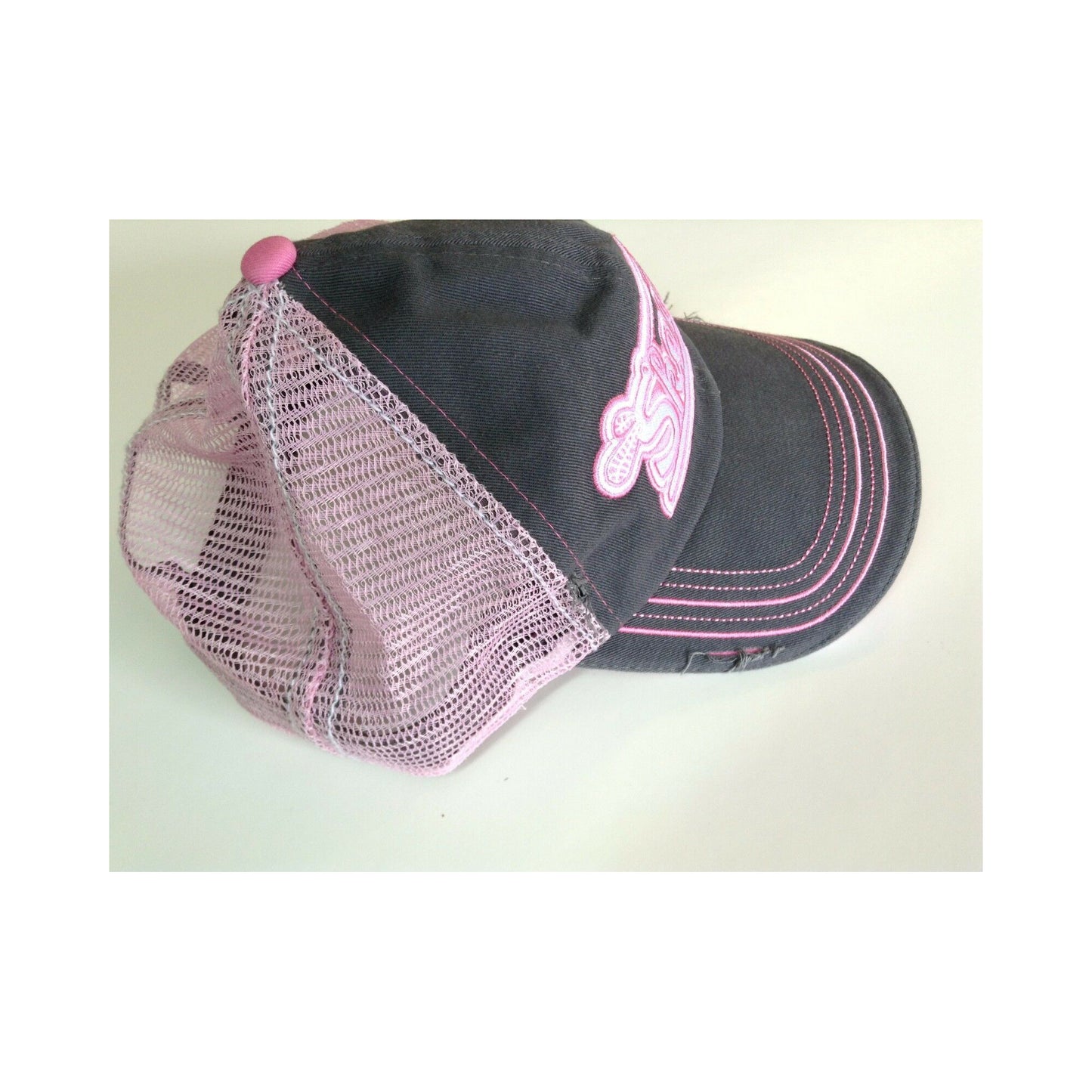 New Authentic Skeeter Distressed Hat Charcoal/ Contrast Stitch/ Ladies Chino Twill/ Back Pink Mesh