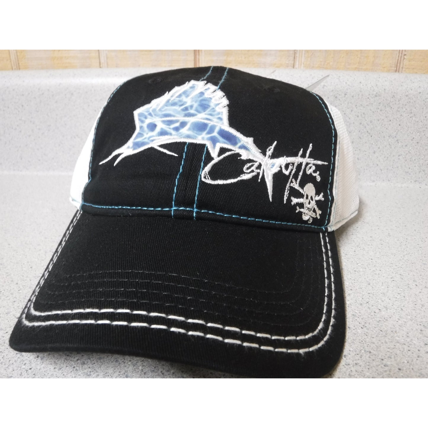 New Authentic Calcutta Low Profile Hat Calcutta On Front With Sailfish Black with White Mesh