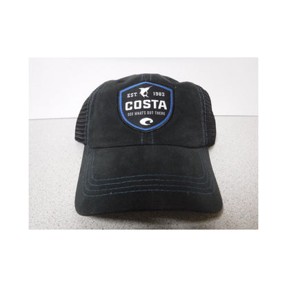 New Authentic Costa Trucker Hat Adjustable Black with Shield Logo Black Mesh