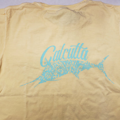 New Authentic Calcutta Ladies Short Sleeve Shirt  Butter/ Front Coastal Blue Original Logo & Back Marlin Small