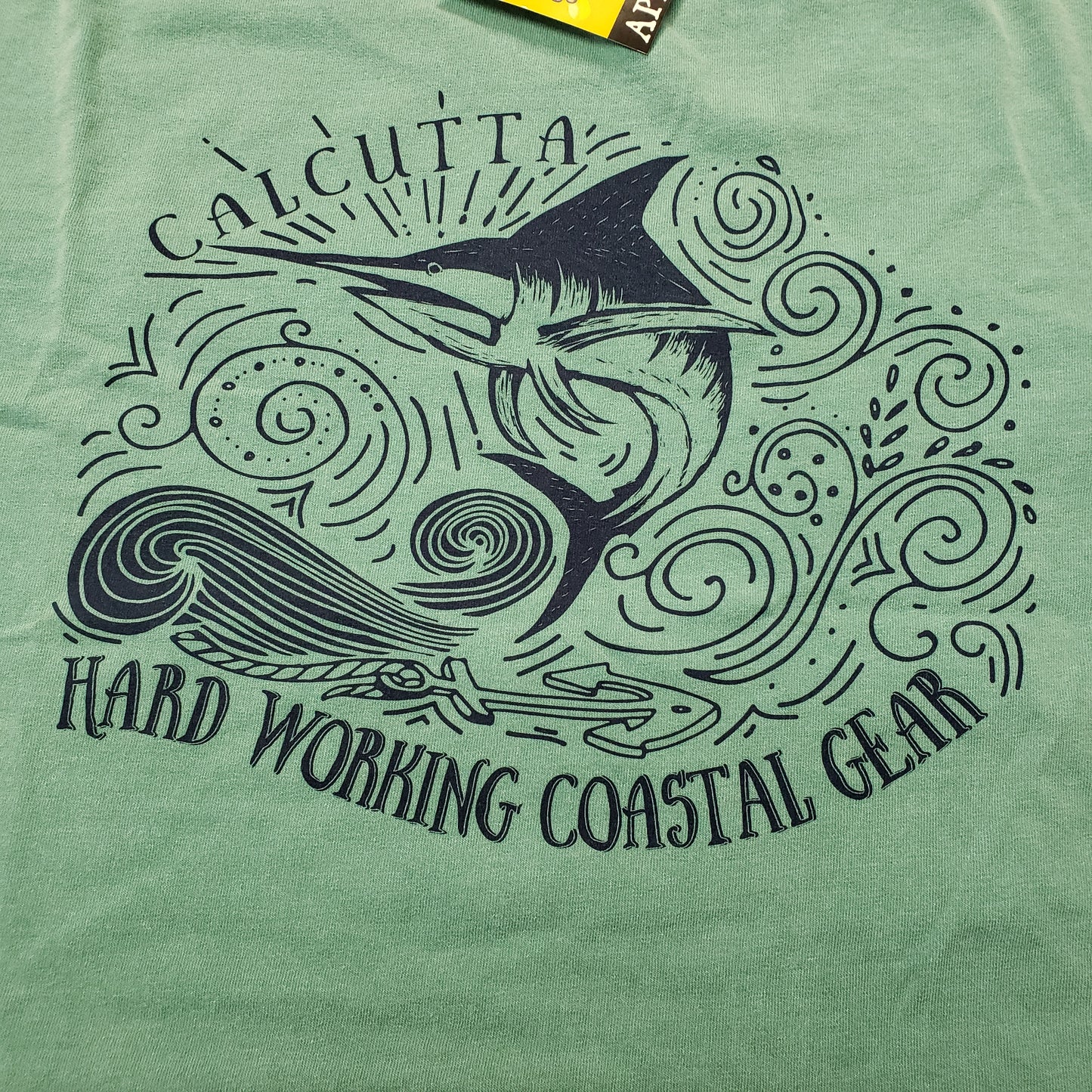 New Authentic Calcutta Short Sleeve Shirt  Sea Foam Green/ Front Calcutta/ Back Marlin Sketch Medium